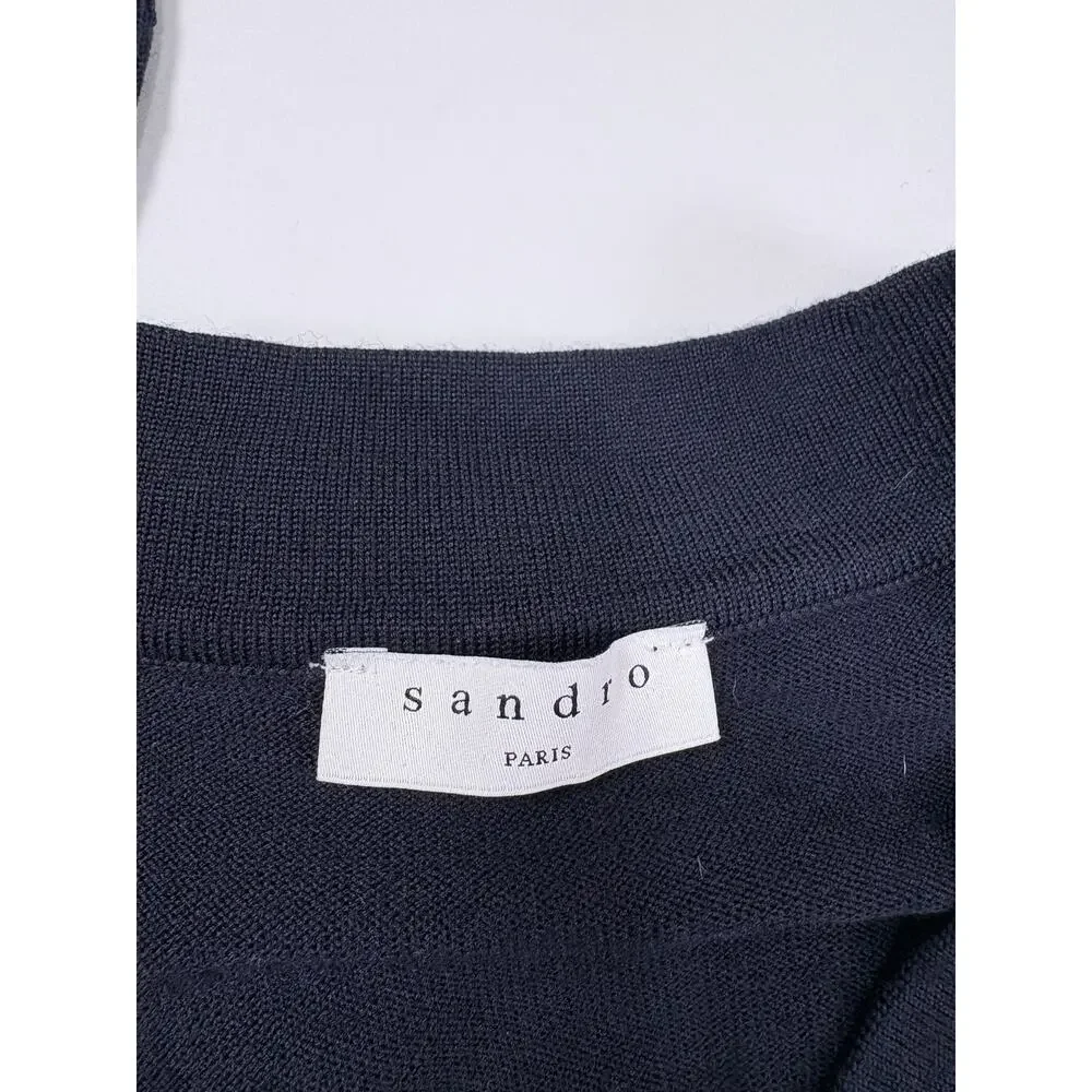 Quiet Luxury Sandro Paris Mens 100% Wool Navy Striped Cardigan Minimalist Preppy